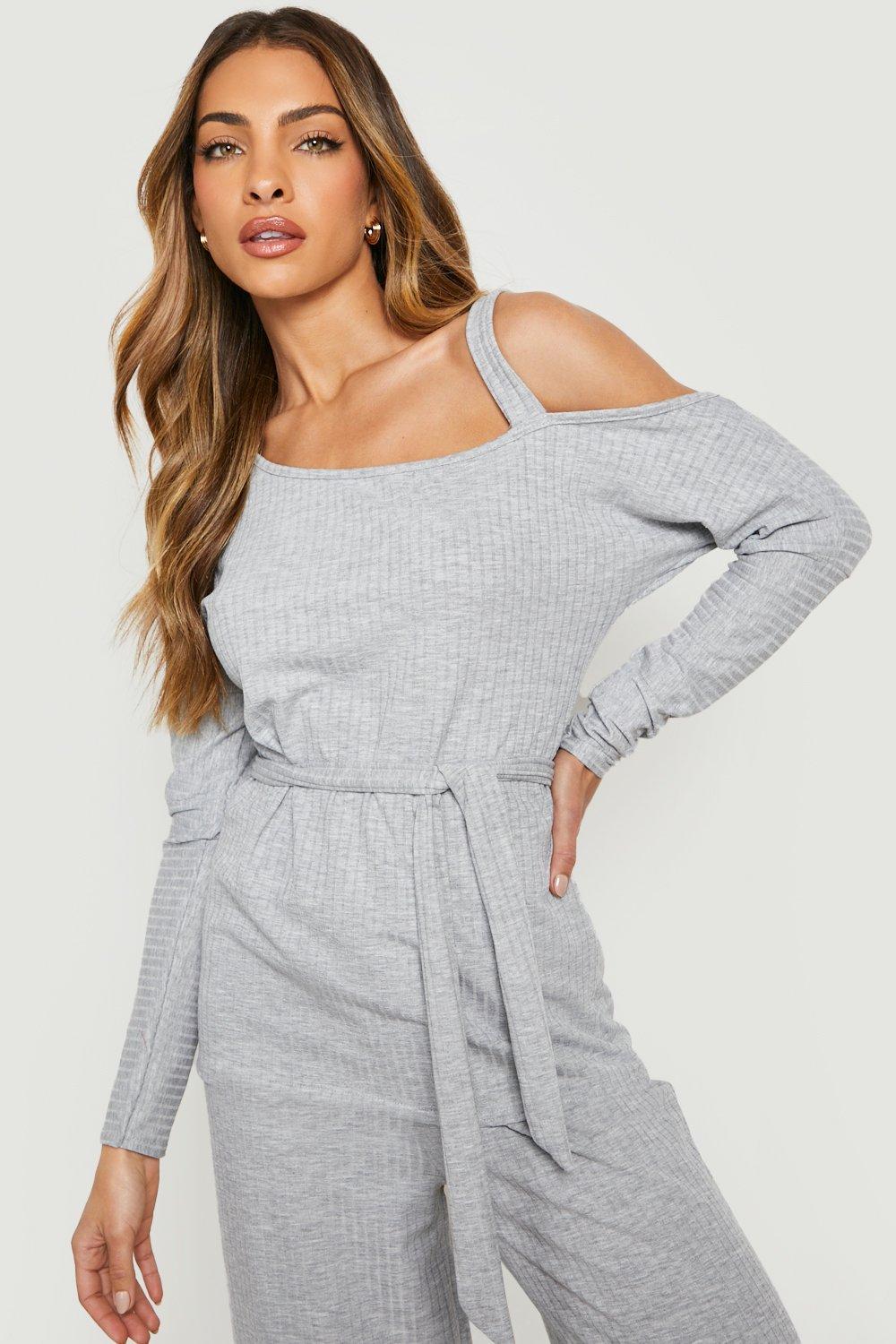 Women s Off The Shoulder Ribbed Loungewear Set Boohoo UK